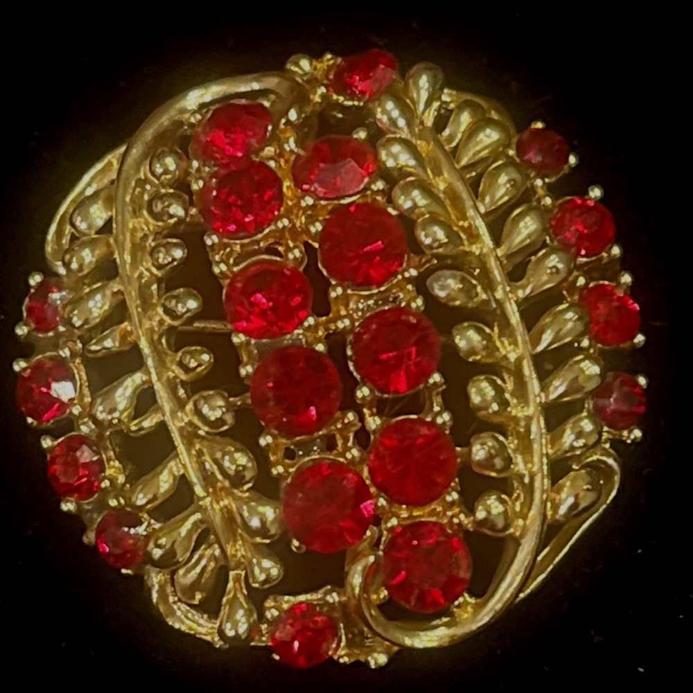 Vintage  Star Jewelry Manufacturing Company Gold and Red Crystal Brooch….signed